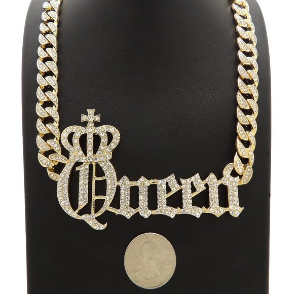 Hip Hop Iced Out Queen Crown Pendant Cuban Chain - Picture 1 of 10